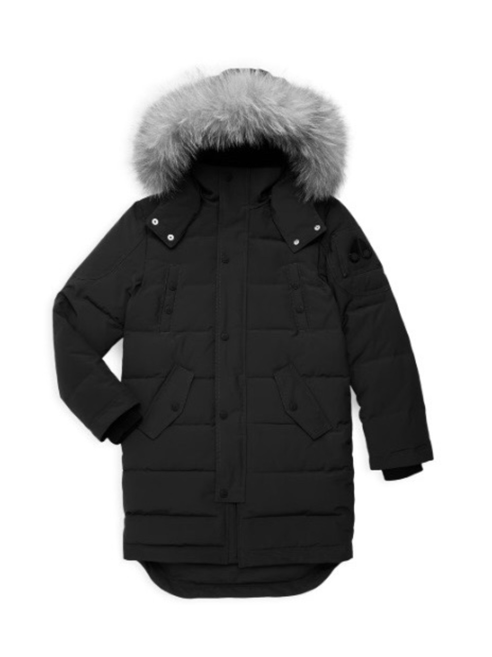 Moose Knuckles Girls Black Puffer Parka with Fur-Trim Hood, Medium (10-12)